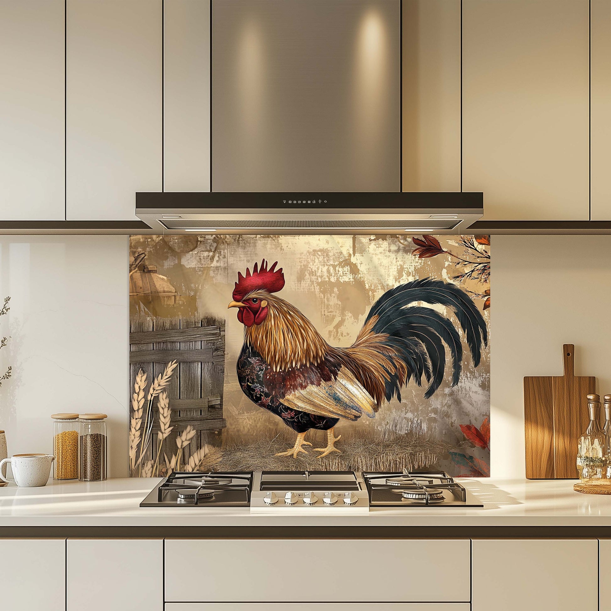 Kitchen with a decorative glass splashback featuring a rooster design.