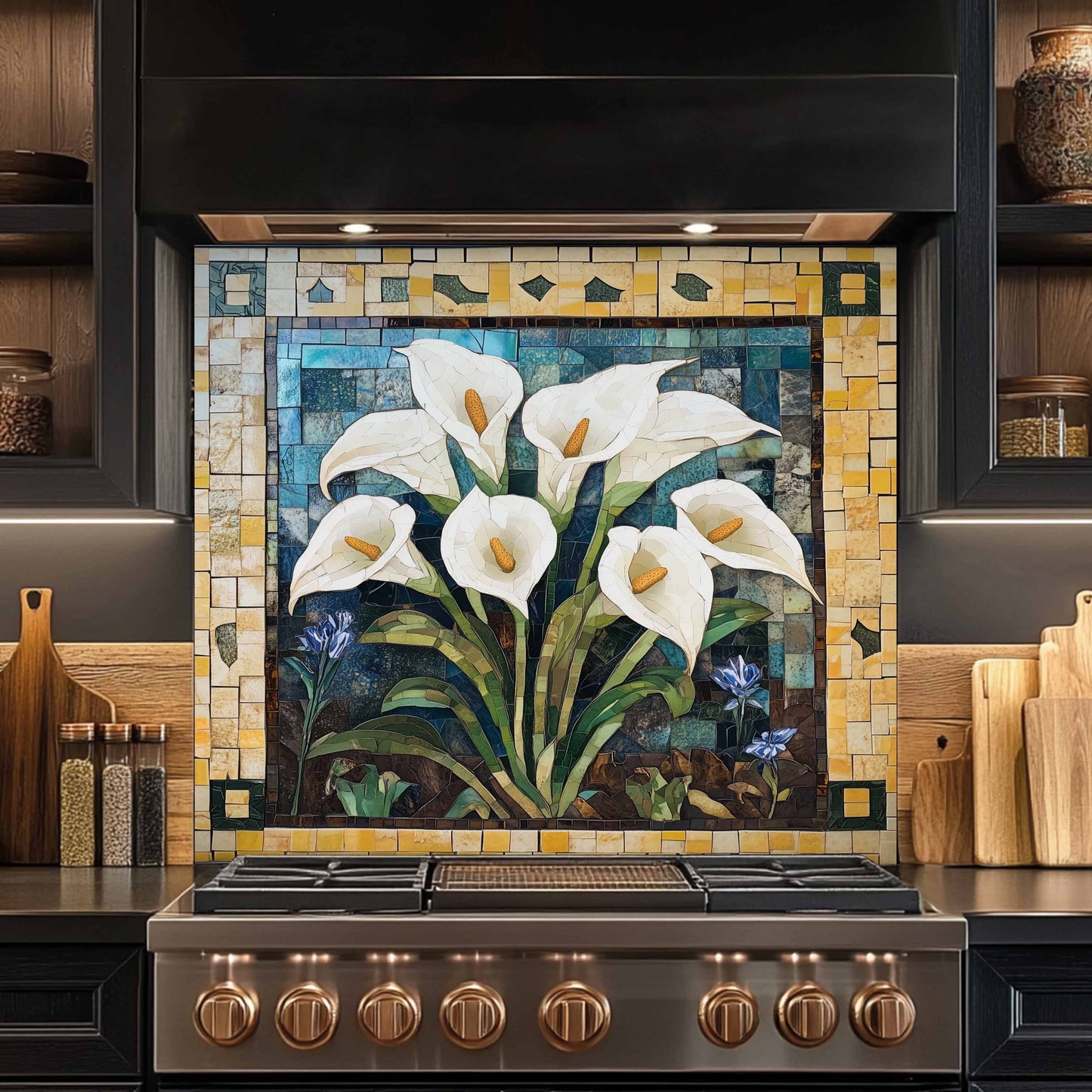 Decorative mosaic tile backsplash with floral design above a stove in a kitchen.
