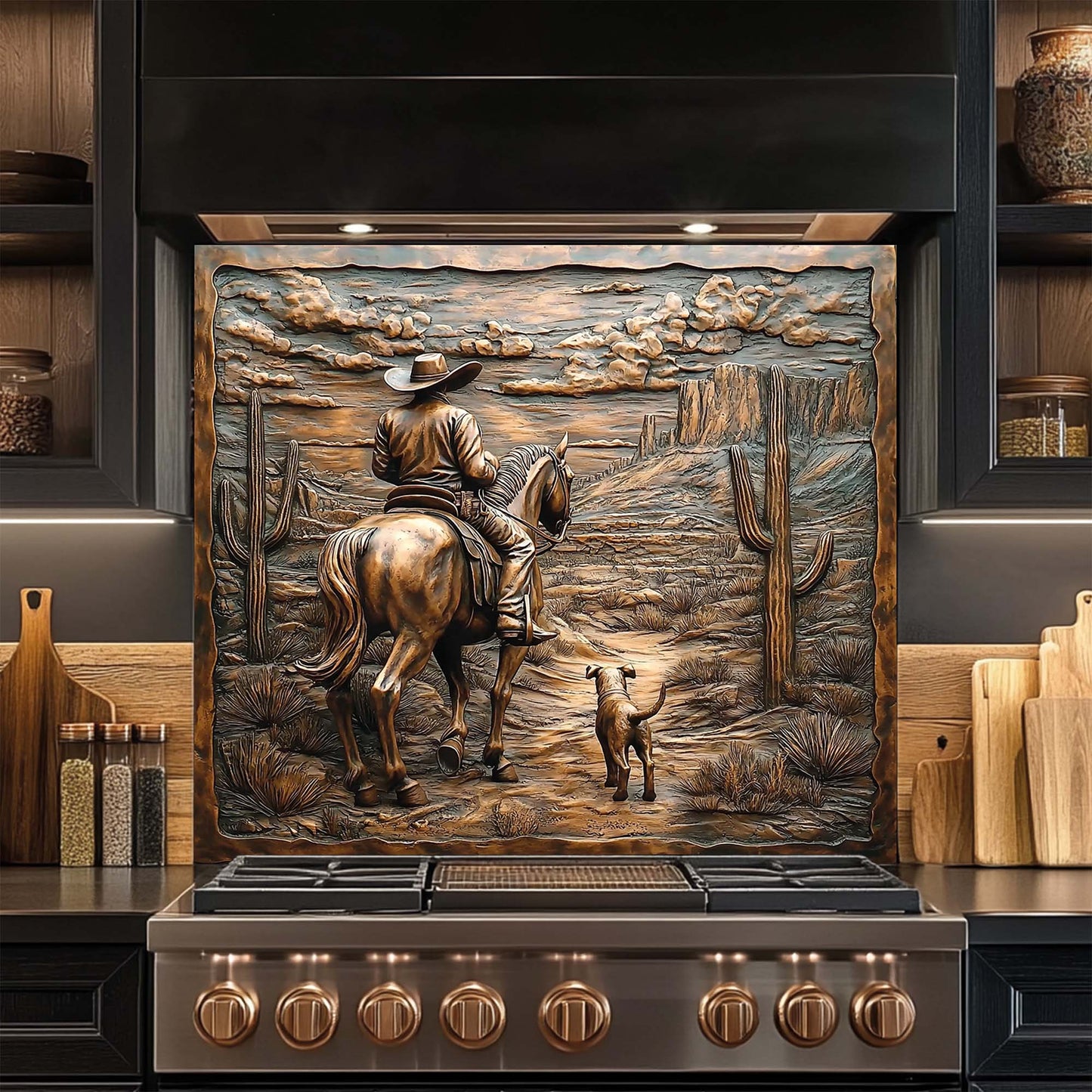 Western tempered glass backsplash with cowboy and dog walking desert trail among cactus and mountains