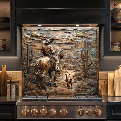Western tempered glass backsplash with cowboy and dog walking desert trail among cactus and mountains