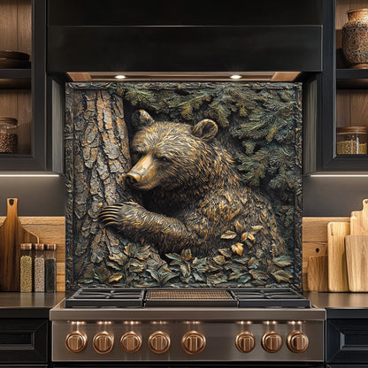 Stainless steel stove with bear design tempered glass backsplash