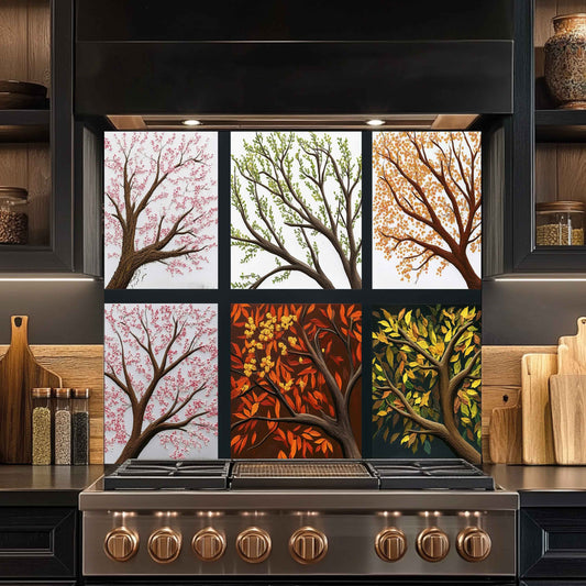 Stainless steel stove with decorative splashback featuring trees in different seasons in a kitchen setting.