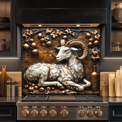 Decorative glass backsplash with a ram design above a stove in a kitchen setting.