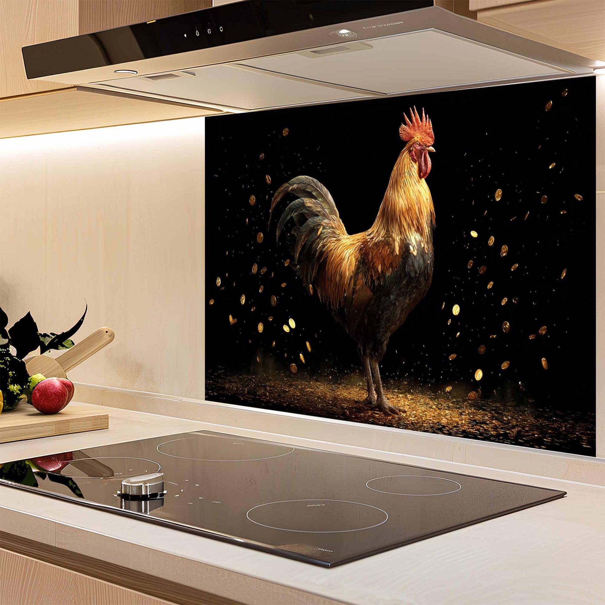 Kitchen with a decorative glass splashback featuring a rooster.