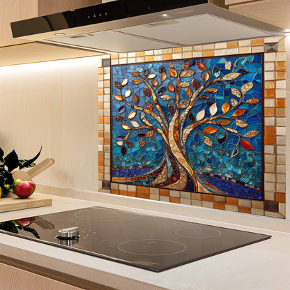 Kitchen with a decorative mosaic glass backsplash featuring a tree design.