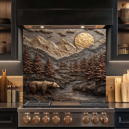 Stainless steel stove with mountain and bear design glass backsplash in a kitchen setting
