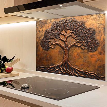 Kitchen with a decorative glass splashback featuring a tree design.