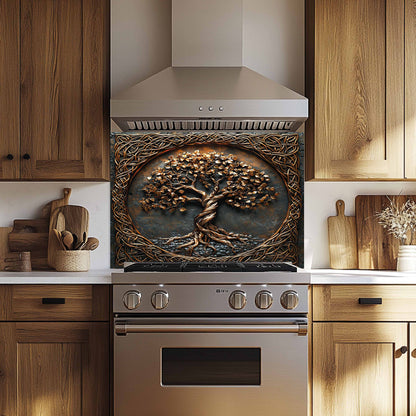 Stainless steel oven with decorative backsplash in a kitchen setting