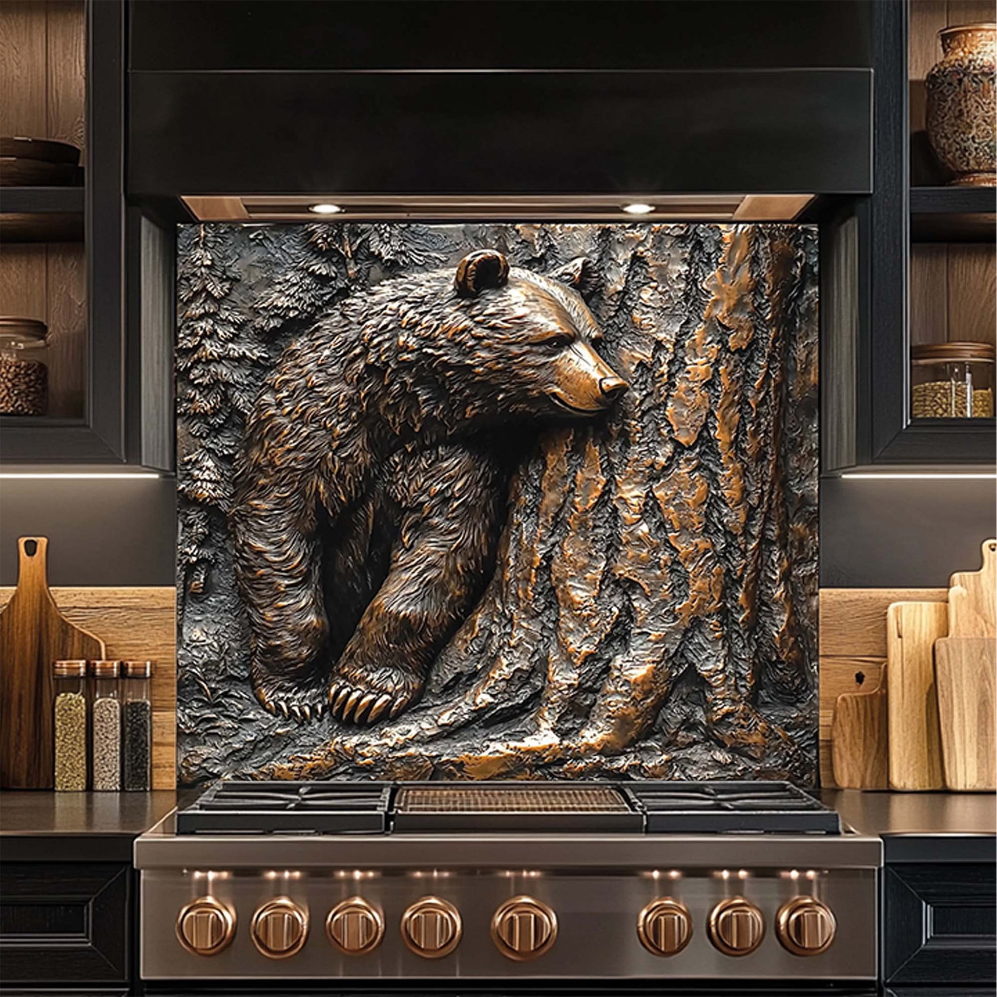 Bear resting by pine tree in copper forest-style tempered glass backsplash – perfect stove backsplash for rustic kitchen.