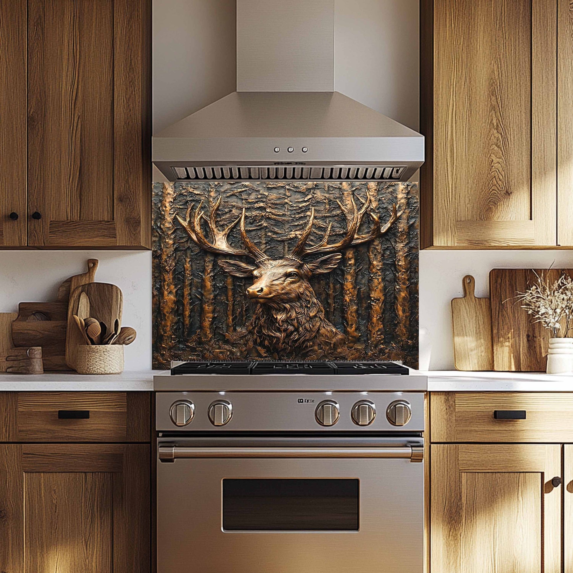 Stainless steel oven with decorative deer glass backsplash in a kitchen setting