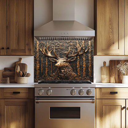 Stainless steel oven with decorative deer glass backsplash in a kitchen setting