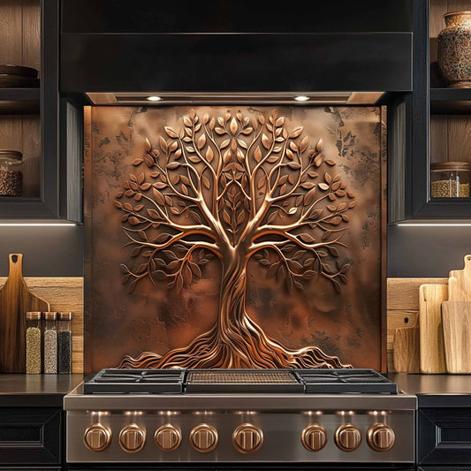Stainless steel stove with decorative tree panel in a kitchen setting