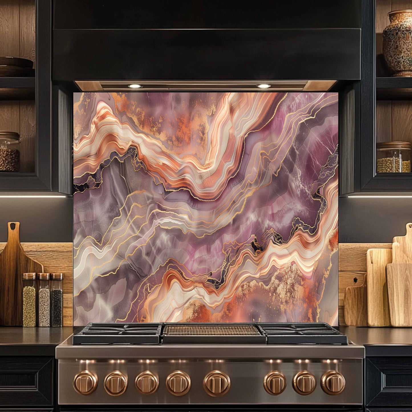 Stainless steel stove with a decorative glass panel featuring swirling colors in a kitchen setting.