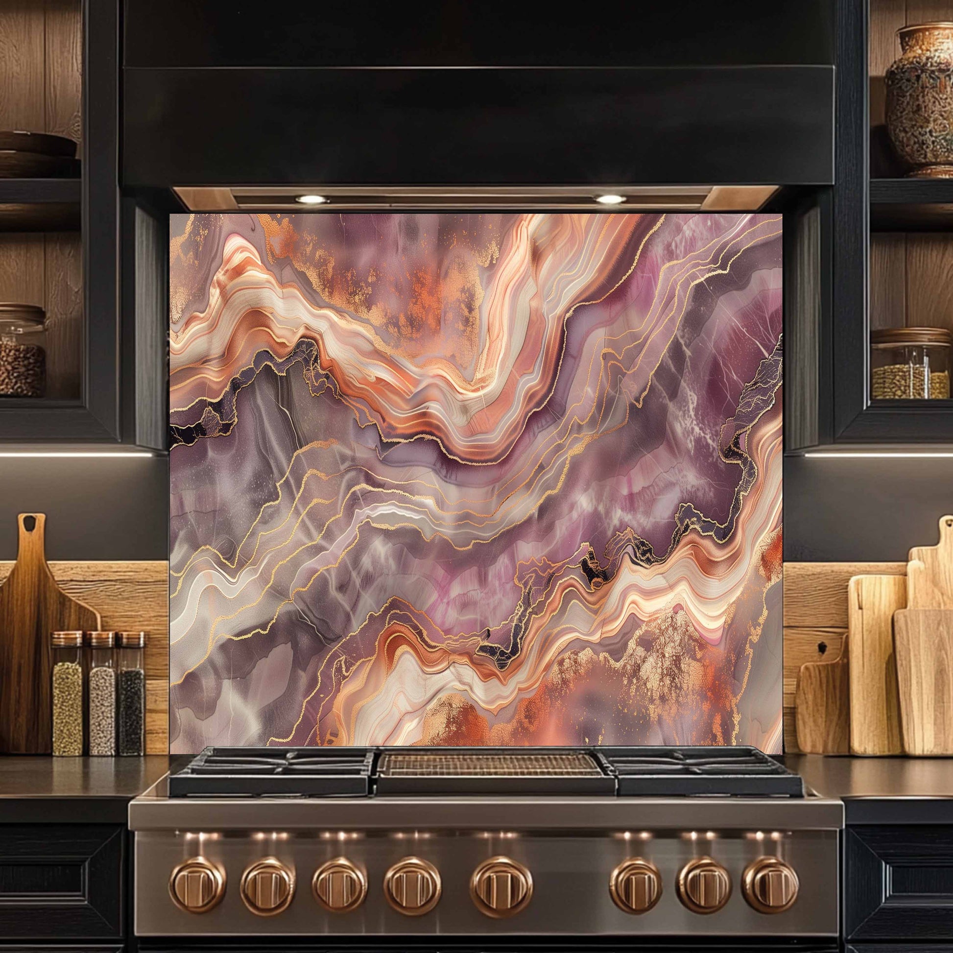 Stainless steel stove with a decorative glass panel featuring swirling colors in a kitchen setting.