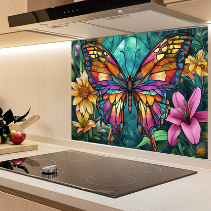 Colorful butterfly and floral design on a kitchen splashback