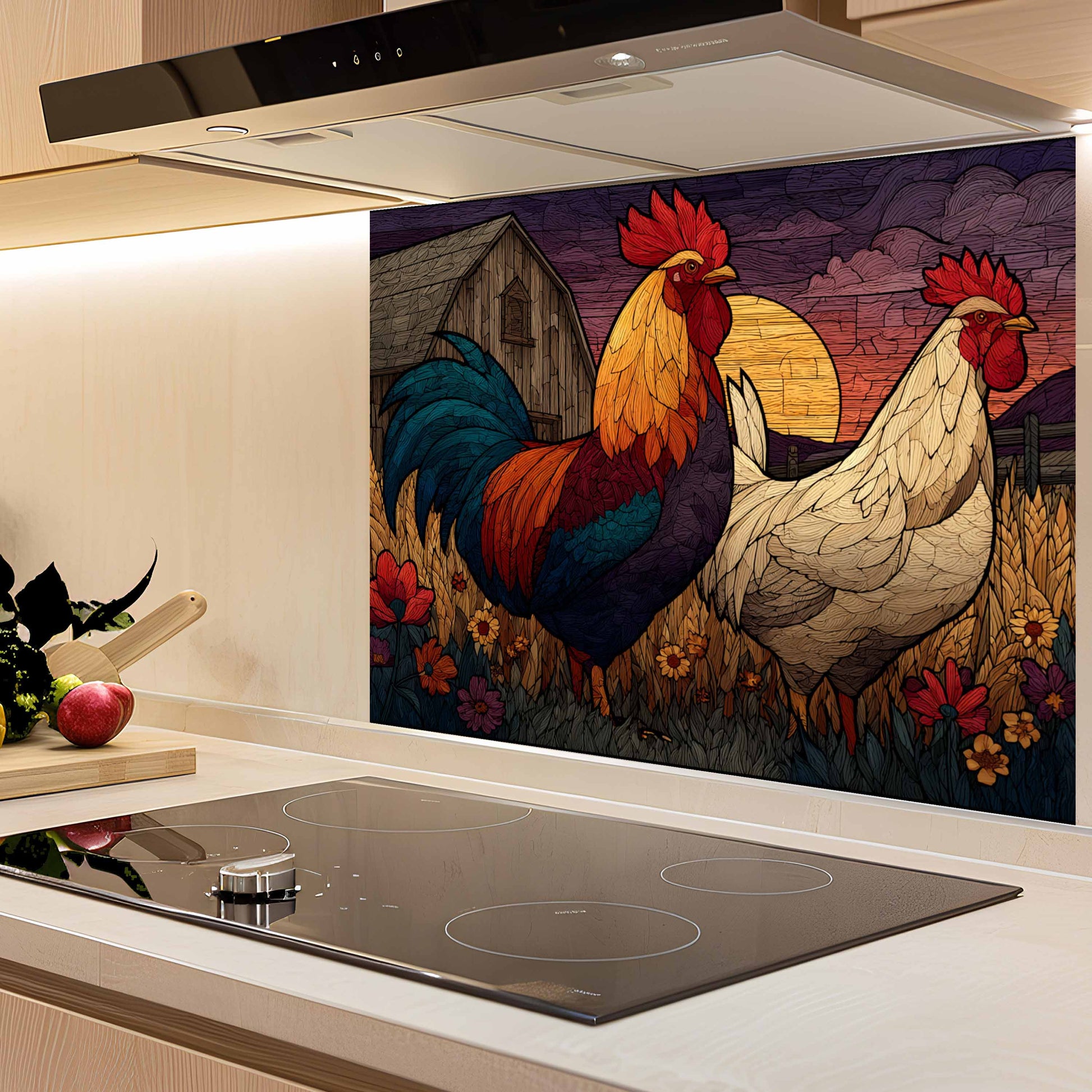 Kitchen with a decorative glass splashback featuring two roosters and a barn.