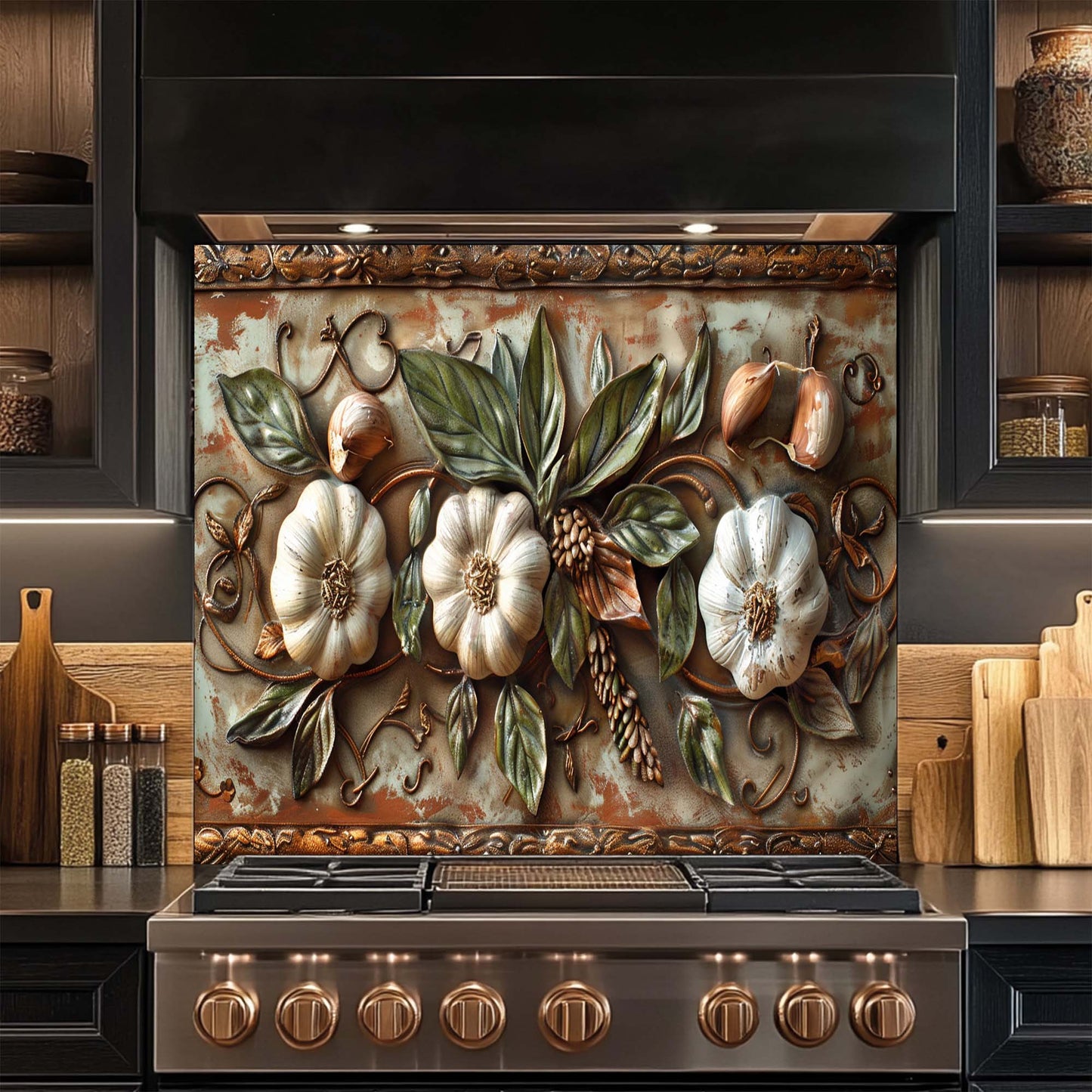 Decorative kitchen backsplash with floral design above a stove.