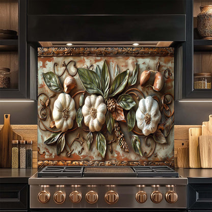 Decorative kitchen backsplash with floral design above a stove.
