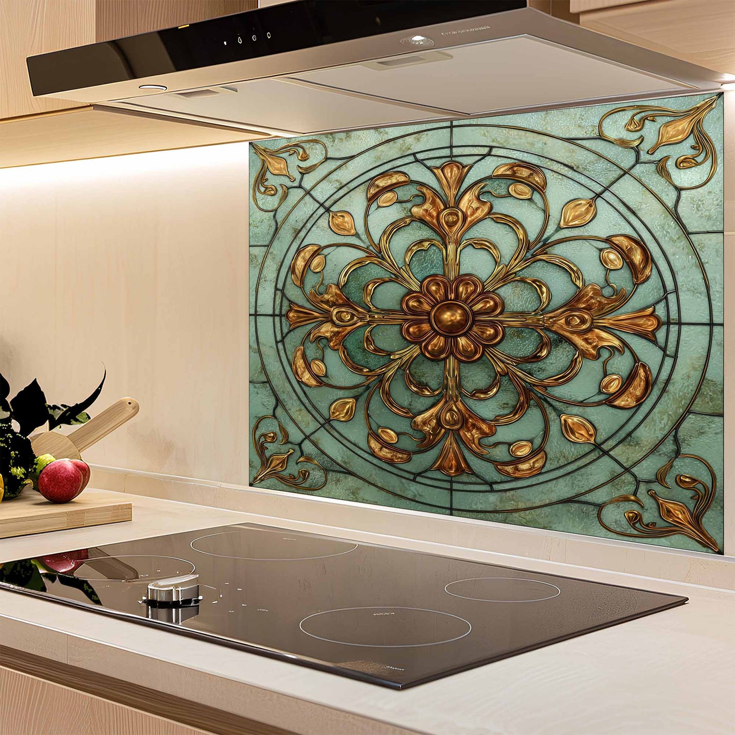 Decorative glass backsplash with floral pattern above a kitchen stove