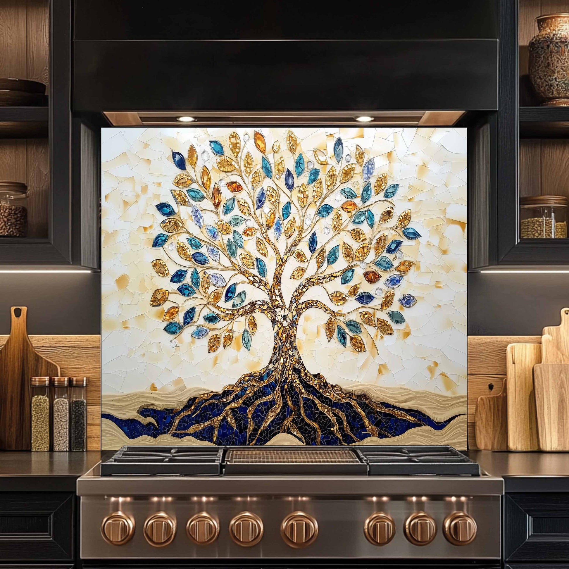 Decorative backsplash with a tree design in a kitchen setting