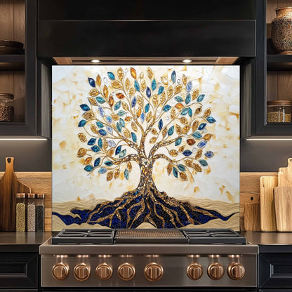 Decorative backsplash with a tree design in a kitchen setting