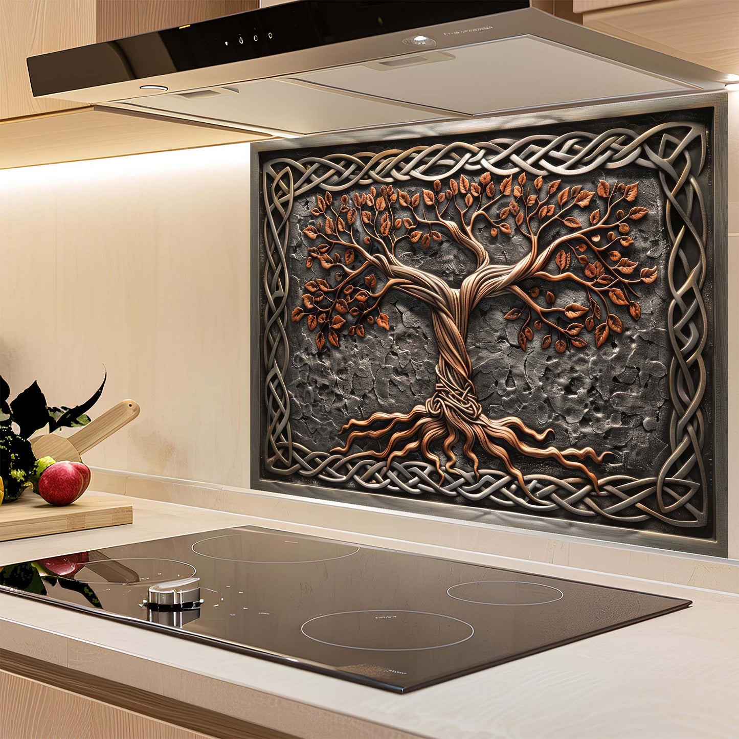 Decorative kitchen splashback with tree design in a modern kitchen setting