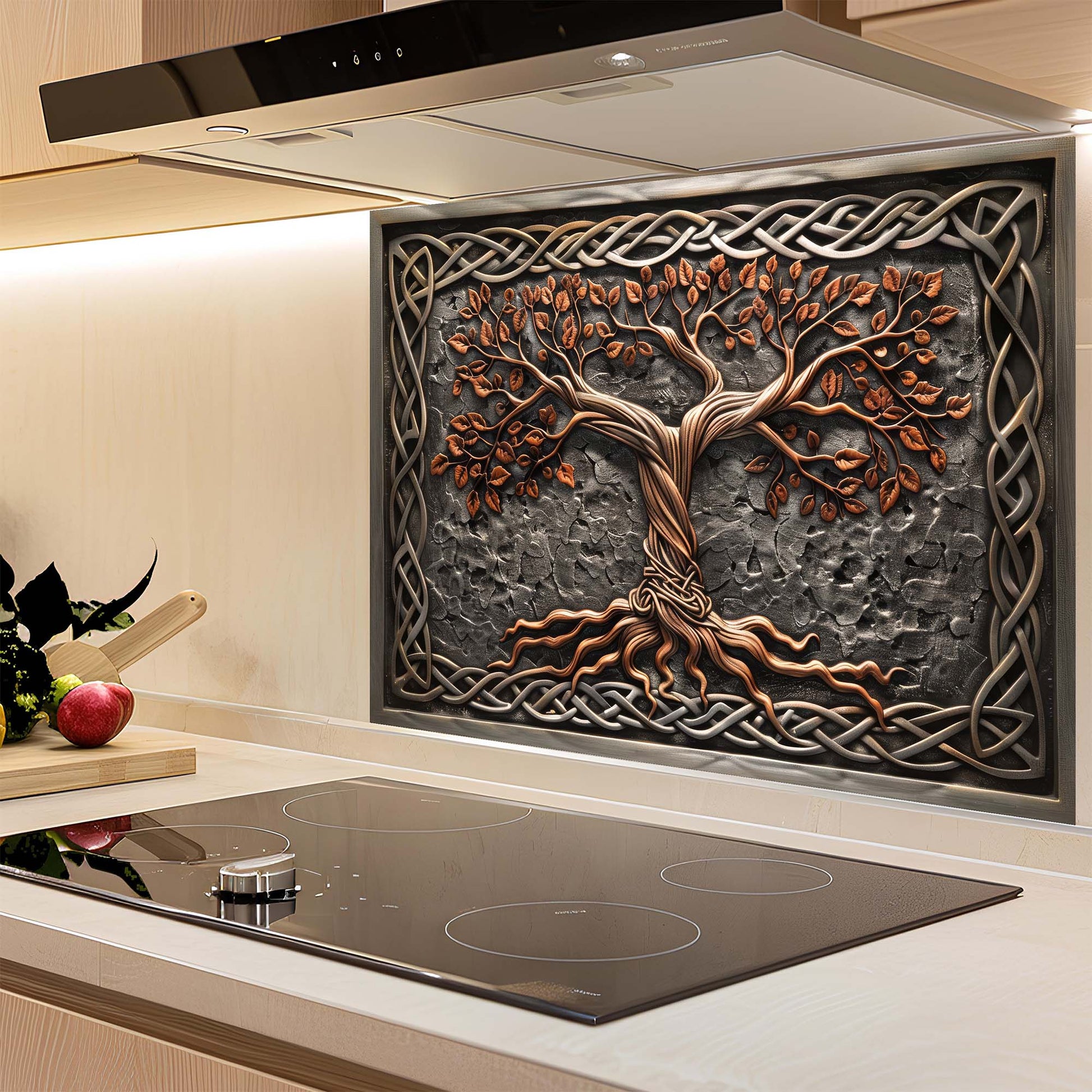 Decorative kitchen splashback with tree design in a modern kitchen setting