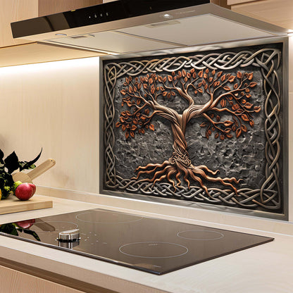 Decorative kitchen splashback with tree design in a modern kitchen setting