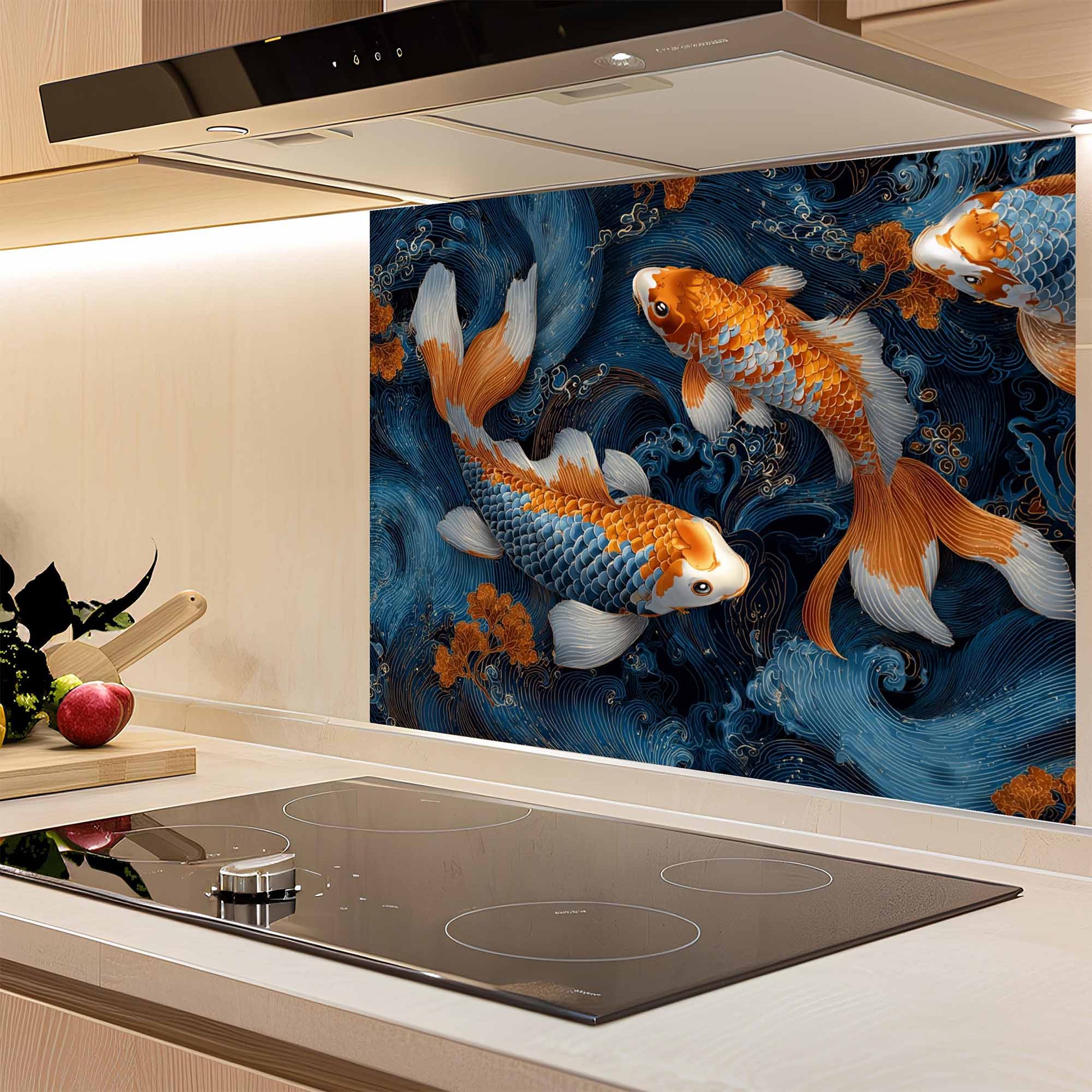 Kitchen with a decorative glass backsplash featuring goldfish, above a stovetop.