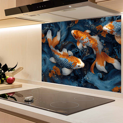 Kitchen with a decorative glass backsplash featuring goldfish, above a stovetop.