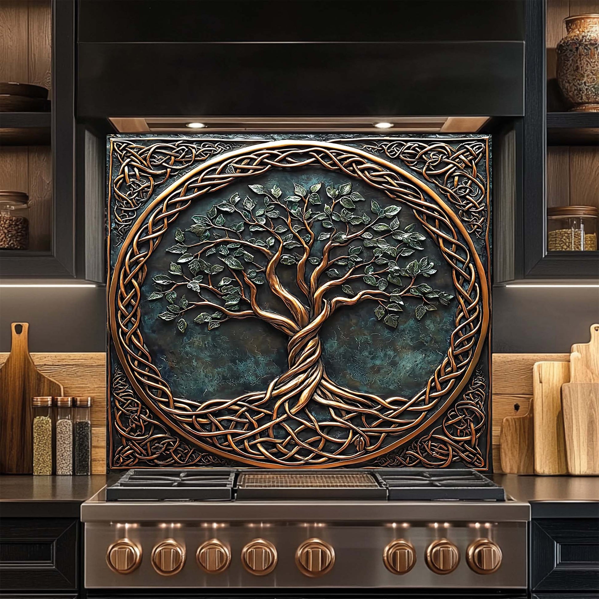 Decorative glass backsplash with tree design in a kitchen setting