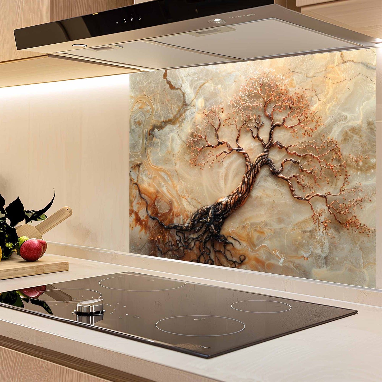 Kitchen with a decorative glass splashback featuring an abstract tree design.