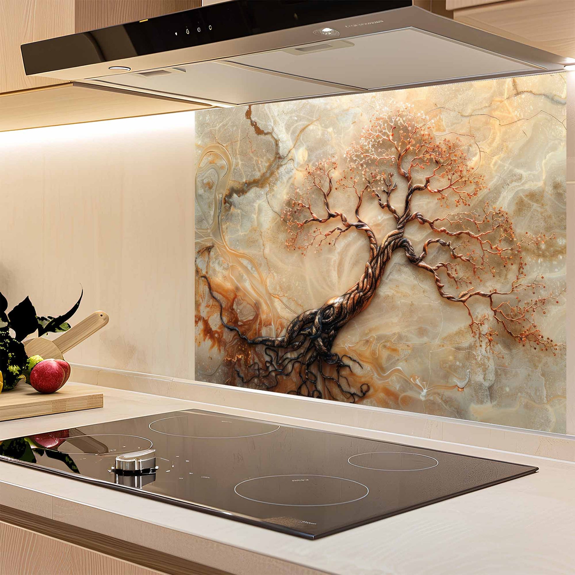 Kitchen with a decorative glass splashback featuring an abstract tree design.