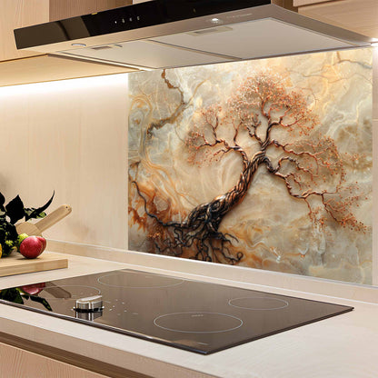Kitchen with a decorative glass splashback featuring an abstract tree design.