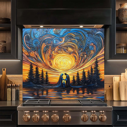 Decorative glass backsplash with a couple by a lake in front of a swirling sunset design above a stove.