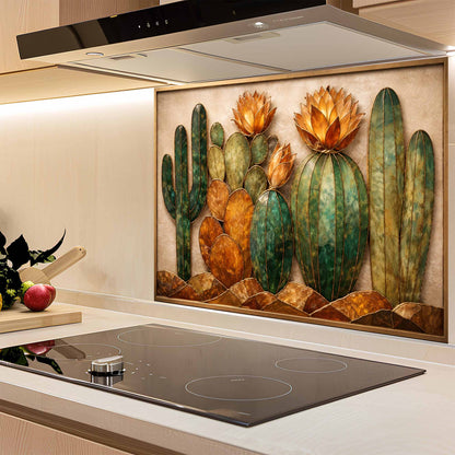 Decorative glass backsplash with cactus design above a kitchen stove.