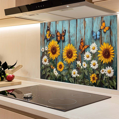 Kitchen with a decorative glass backsplash featuring sunflowers and butterflies.