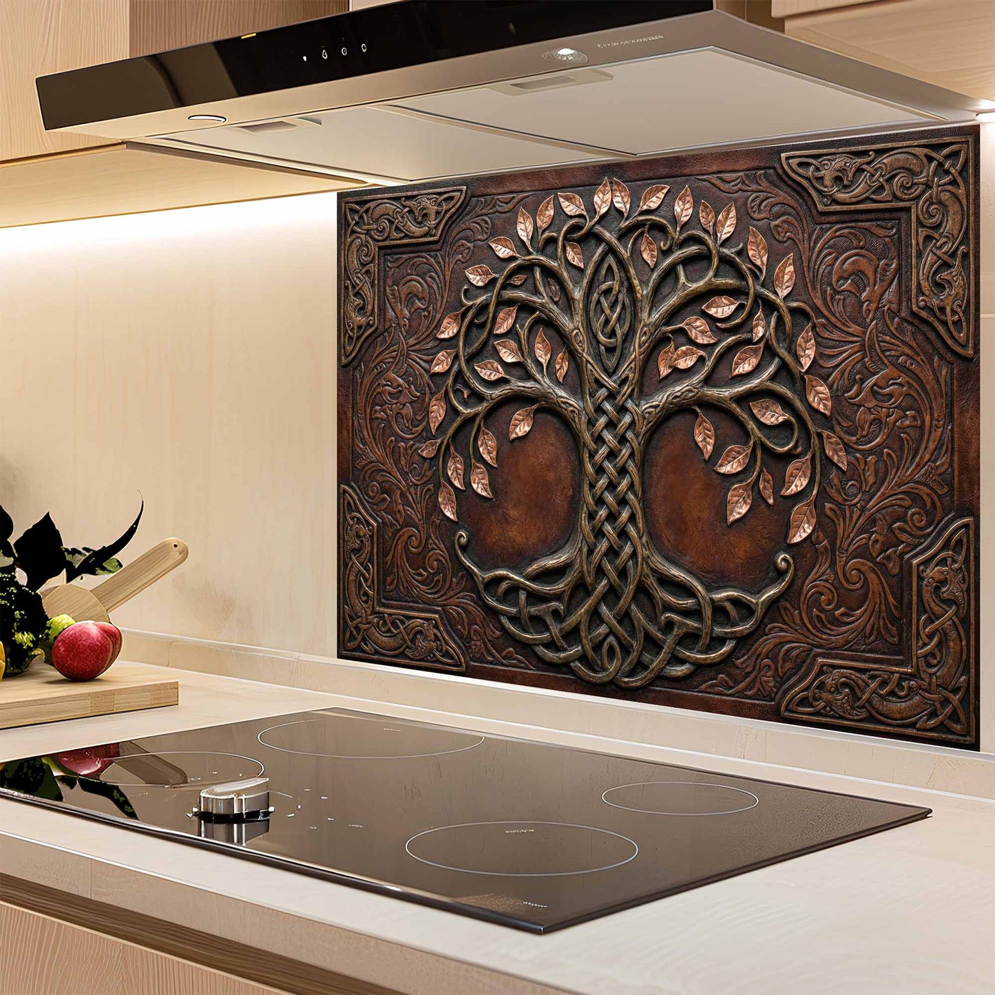 Decorative glass backsplash with tree of life design in a kitchen setting