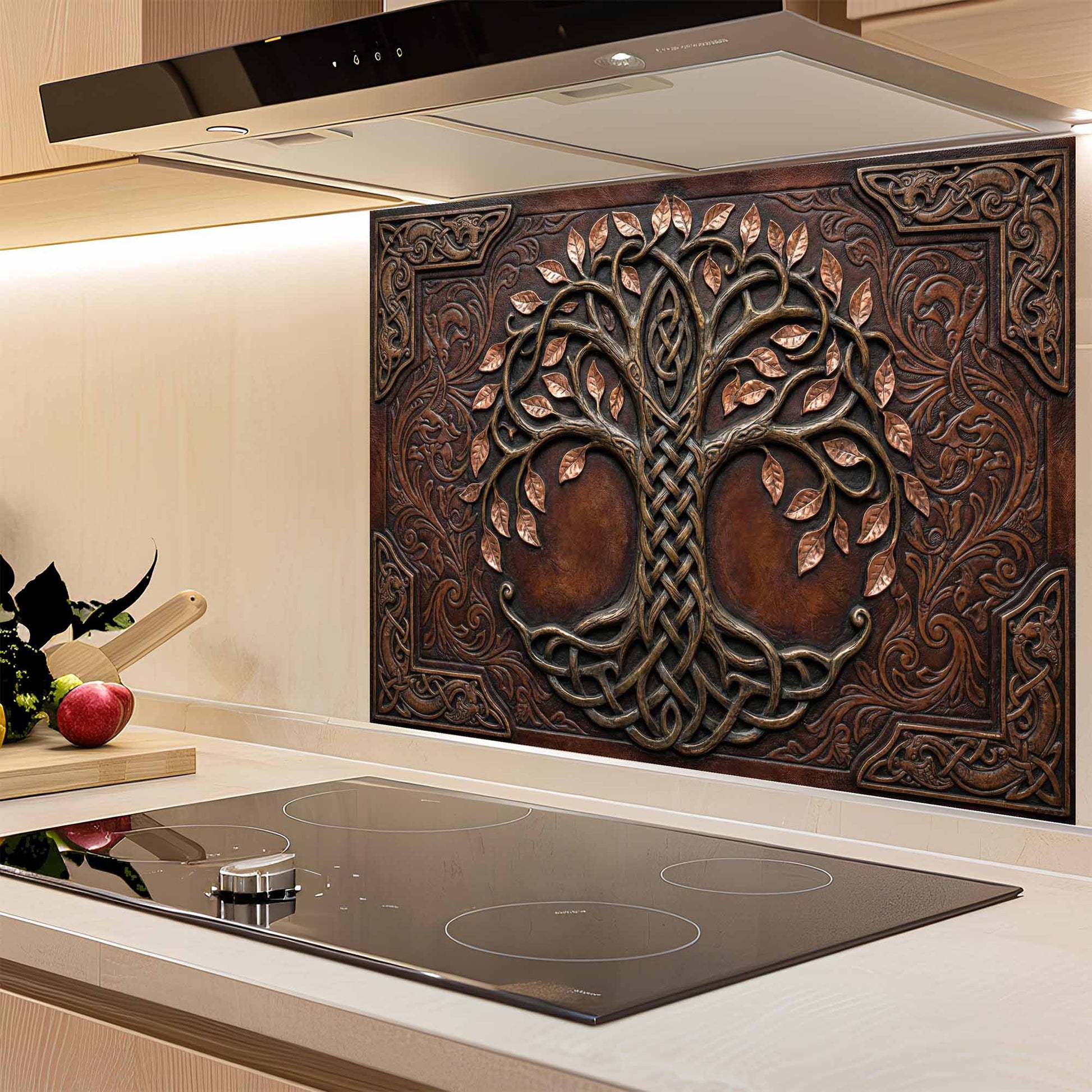 Decorative glass backsplash with tree of life design in a kitchen setting