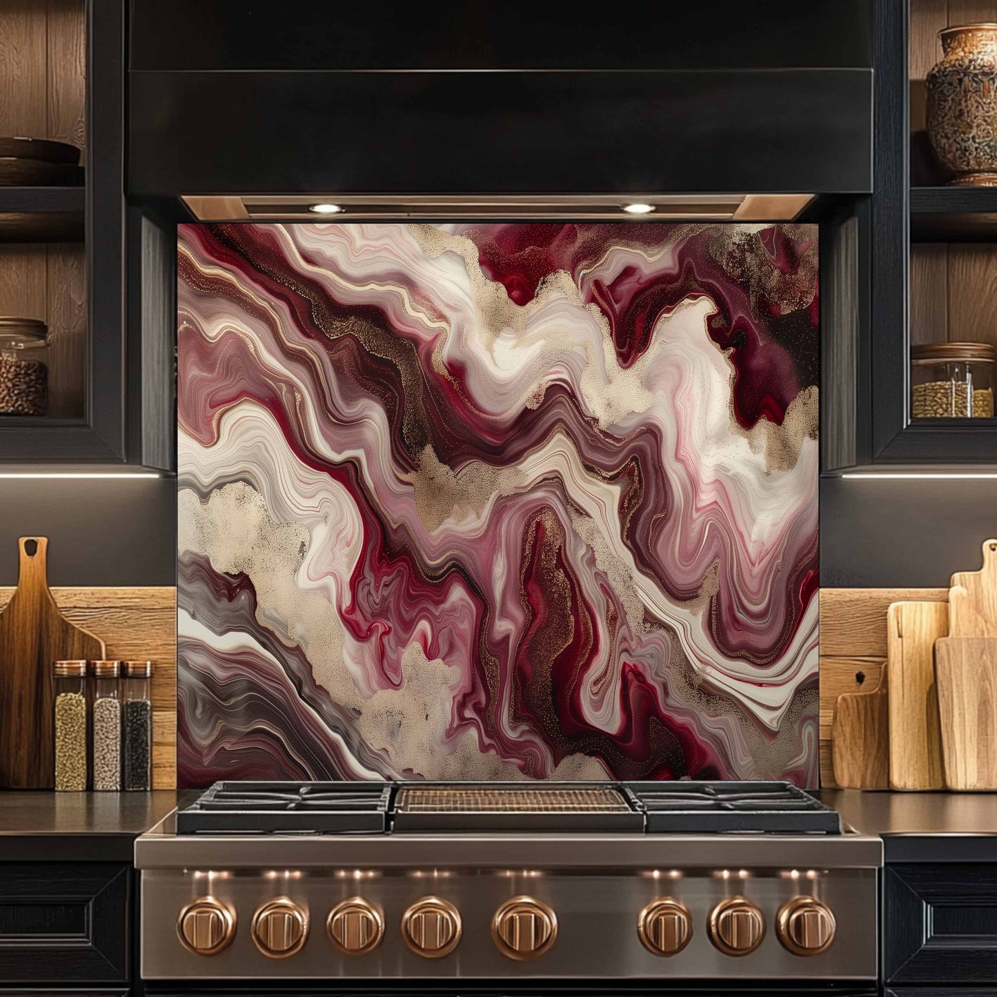 Stainless steel stove with marbled backsplash in a kitchen setting
