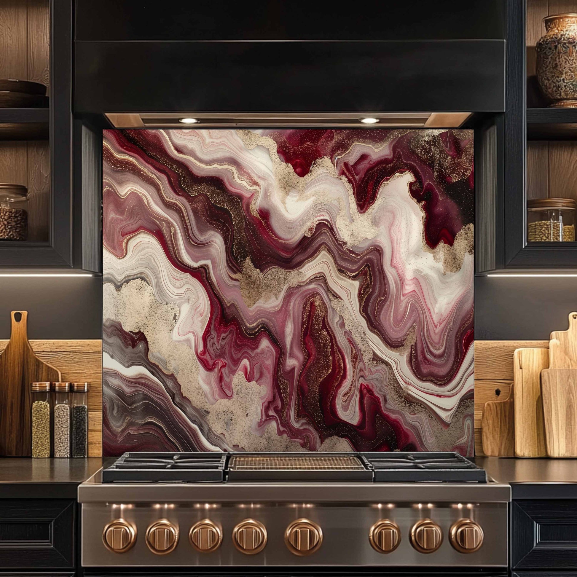 Stainless steel stove with marbled backsplash in a kitchen setting