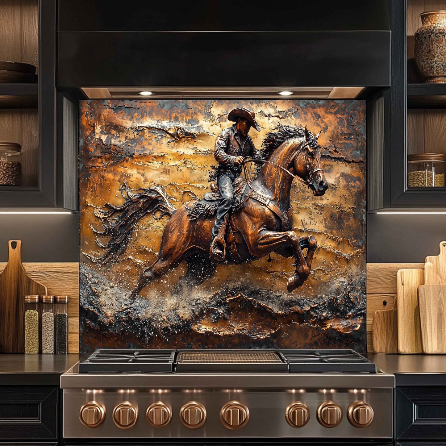 tempered glass backsplash with western cowboy and horse design, copper look rustic kitchen style