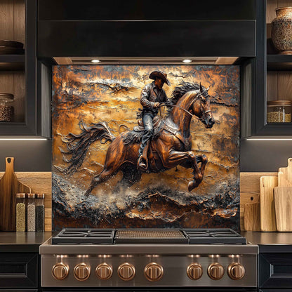 tempered glass backsplash with western cowboy and horse design, copper look rustic kitchen style
