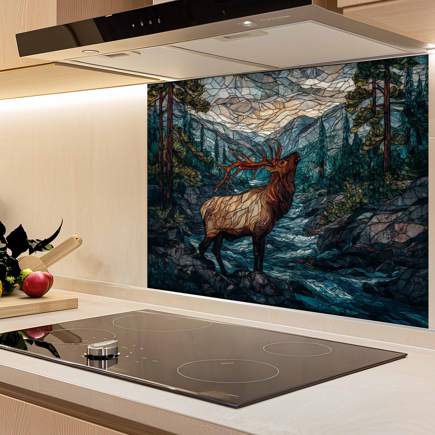 Kitchen with a decorative glass splashback featuring an elk in a forest scene.