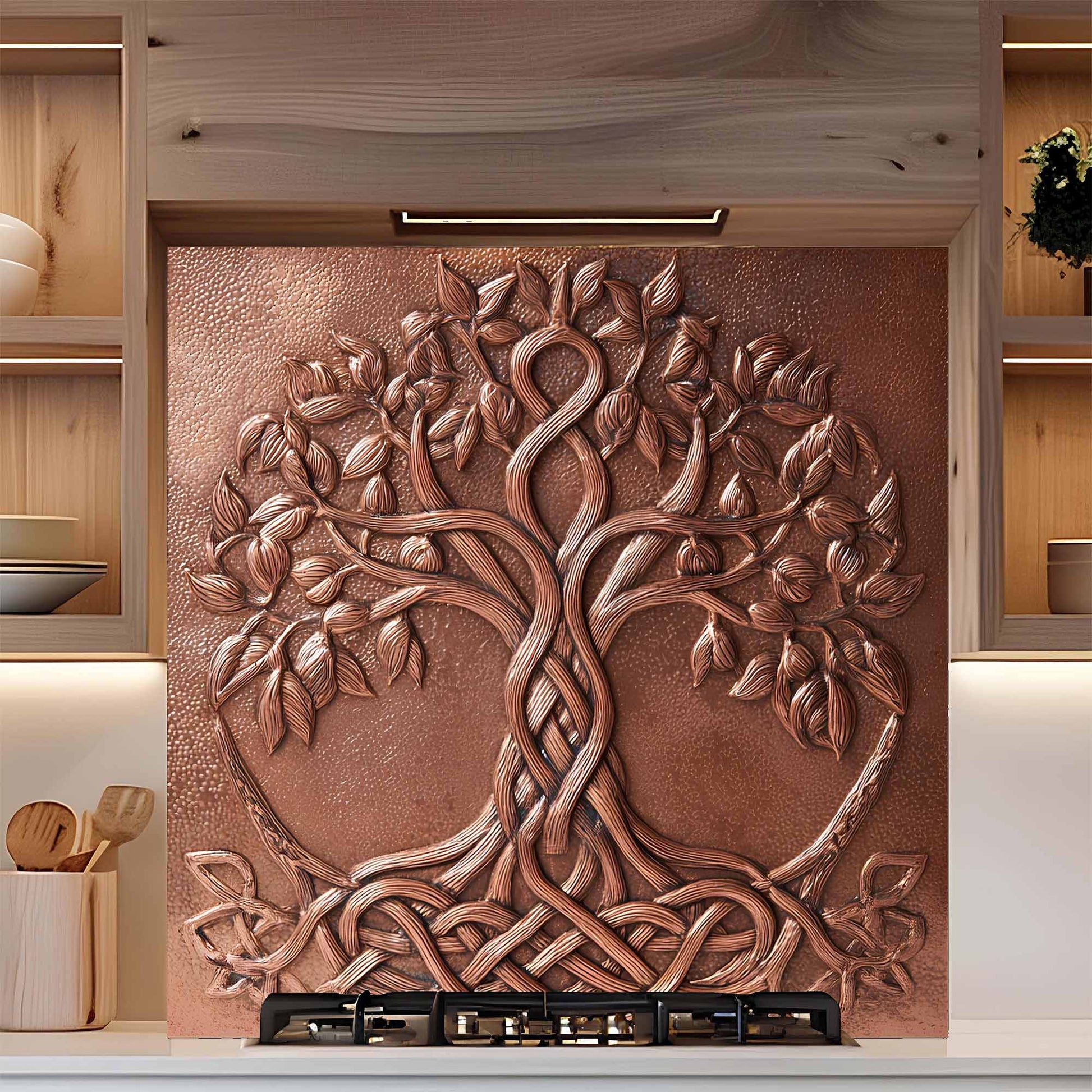 Decorative copper tree glass backsplash on a kitchen wall