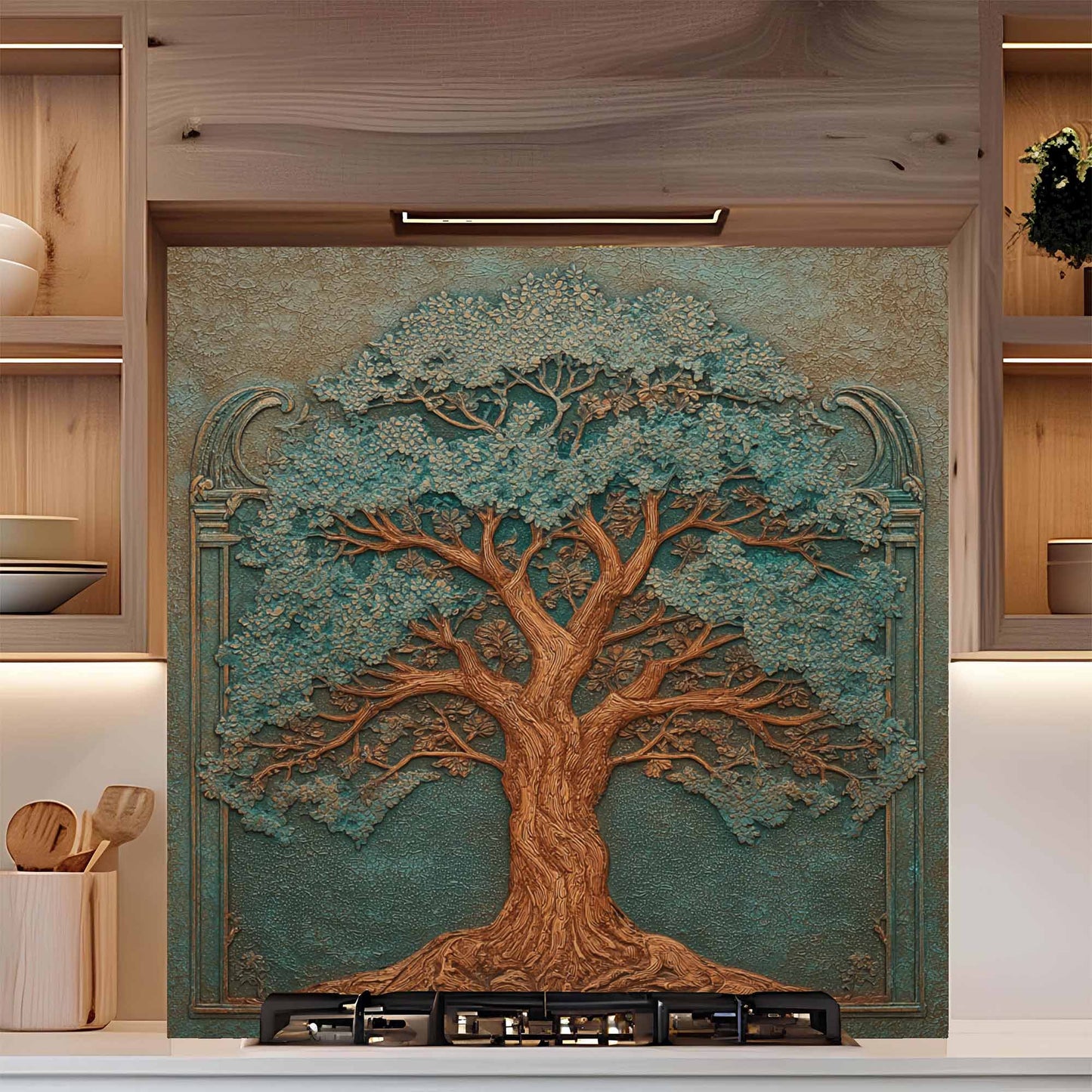 Decorative backsplash of a tree in a kitchen setting