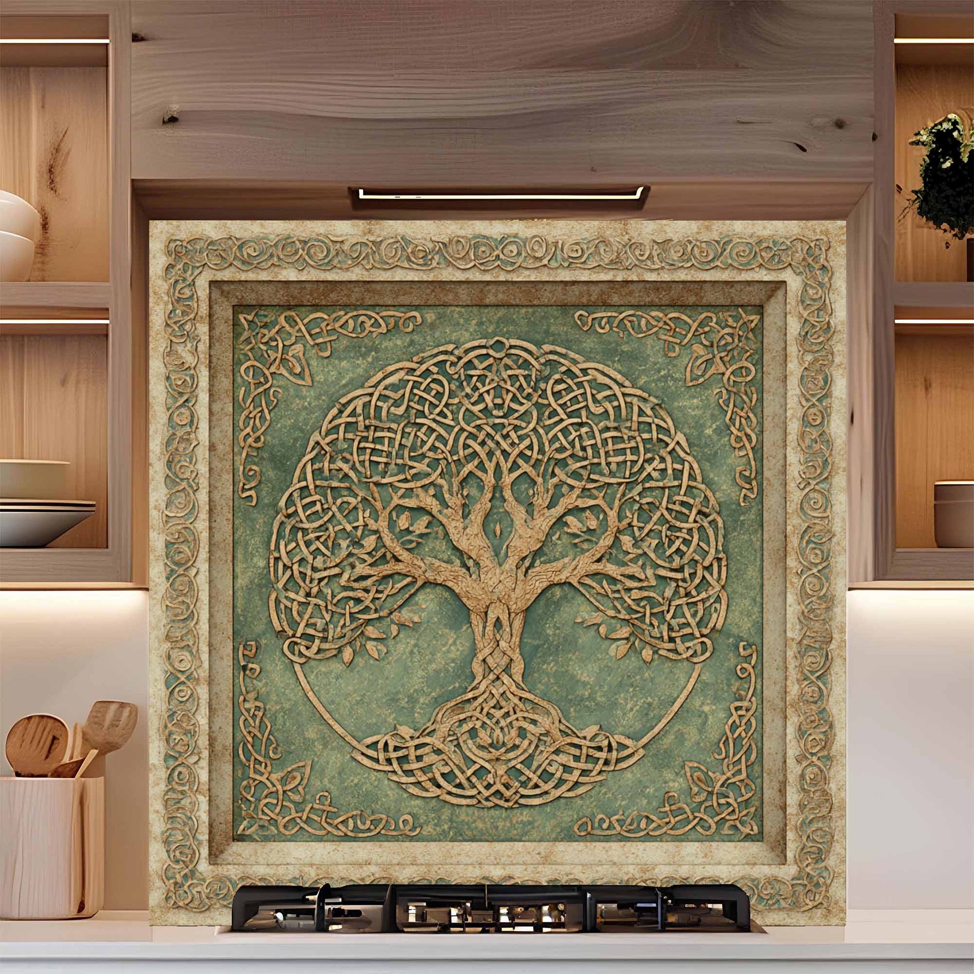 Decorative backsplash with a Celtic tree of life design in a kitchen setting.