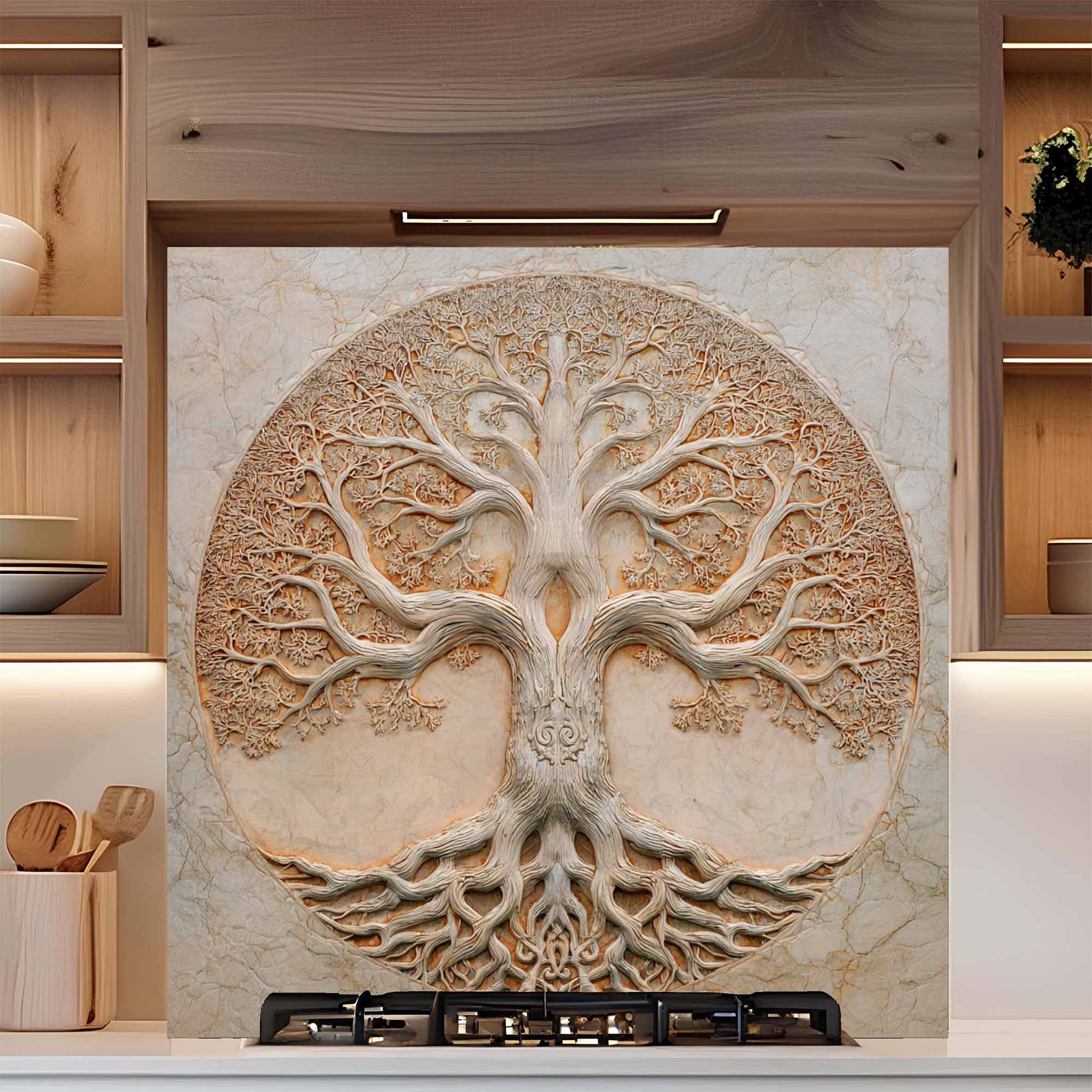 Decorative backsplash of a tree with roots on a kitchen wall