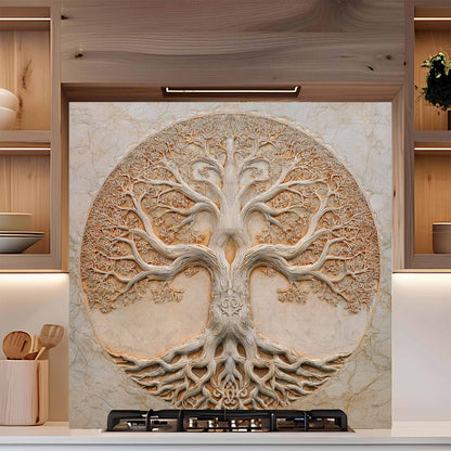 Decorative backsplash of a tree with roots on a kitchen wall