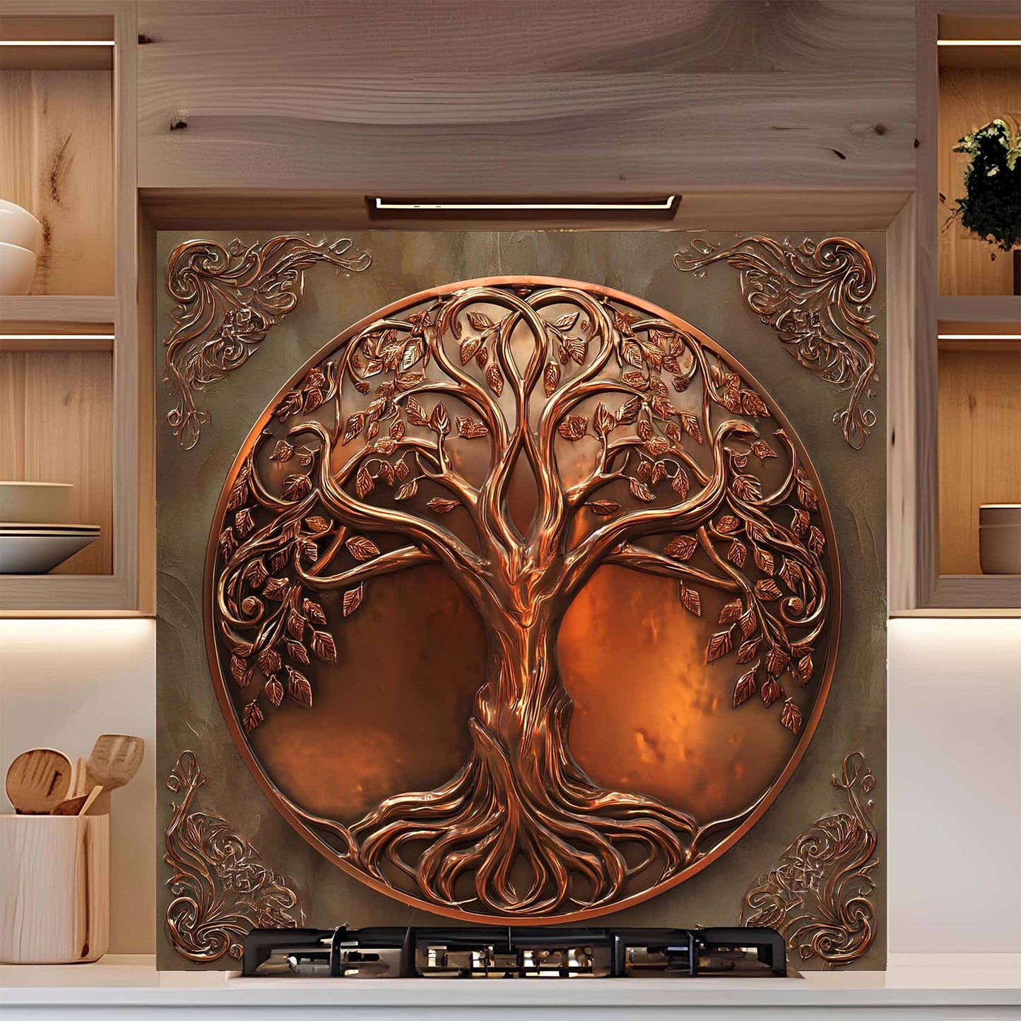 Decorative kitchen backsplash with a tree design in a kitchen setting